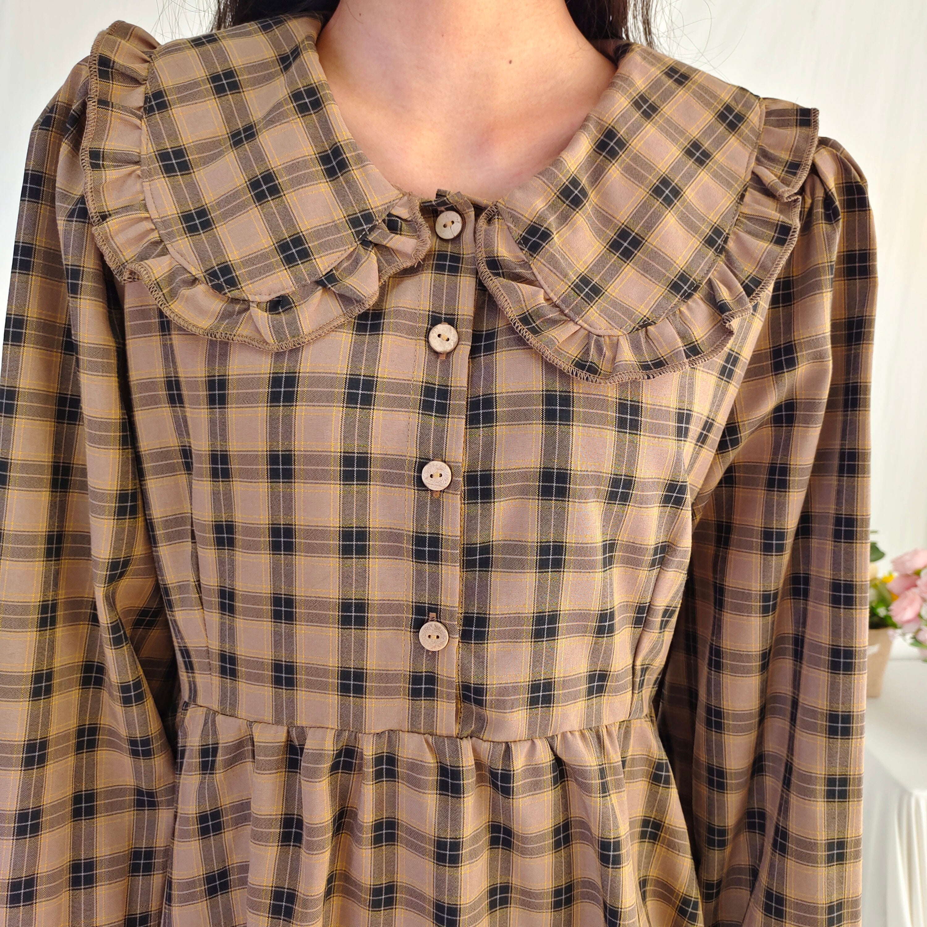 Vintage Plaid Long Sleeve Dress with Peter Pan Collar Ruffle Trim Midi Cottagecore Dress